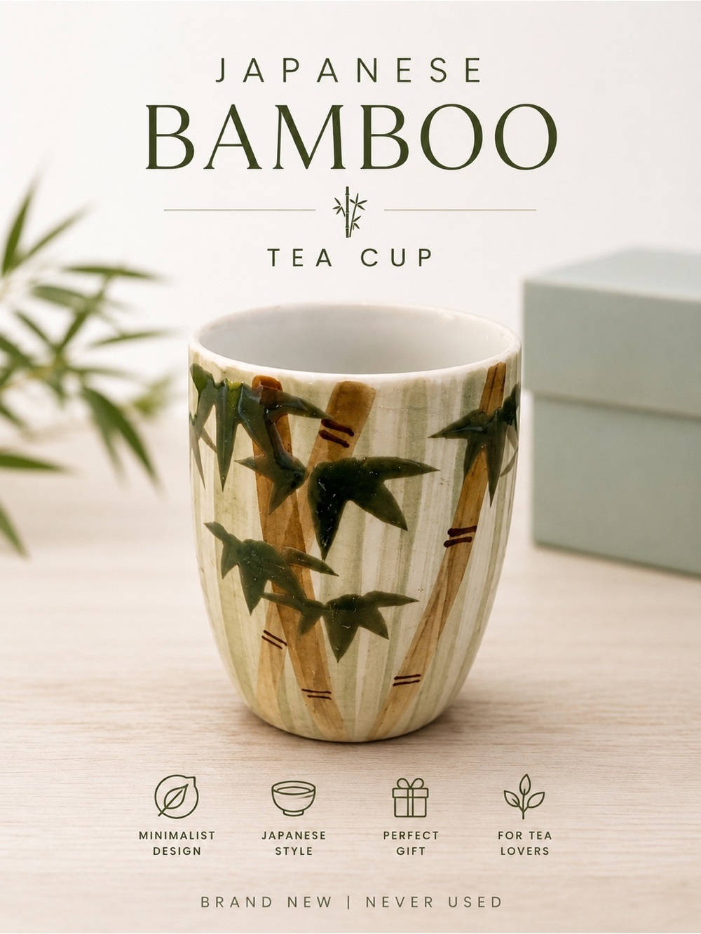Japanese Bamboo Yunomi Tea Cup Ceramic Handleless Green Bamboo Mug